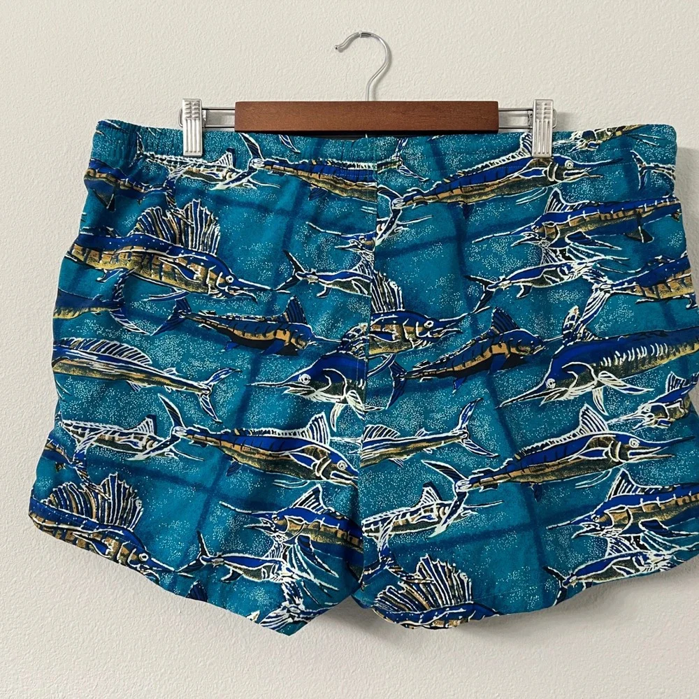 Kahala Hawaiian Islands Mens M Teal Marlin Fish Print Swim Trunks Board Shorts